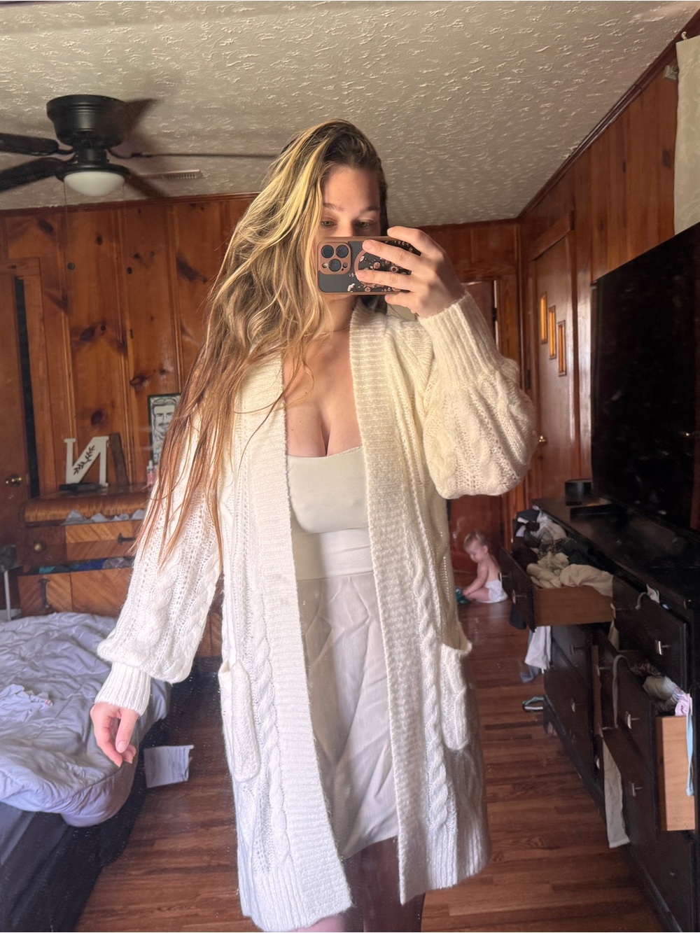 Abercrombie & Fitch Cream Cable Knit Long Open-Front Cardigan